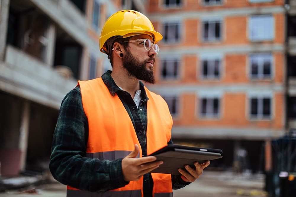 Man in a yellow hard hat and orange safety vest holding a tablet at a construction site.